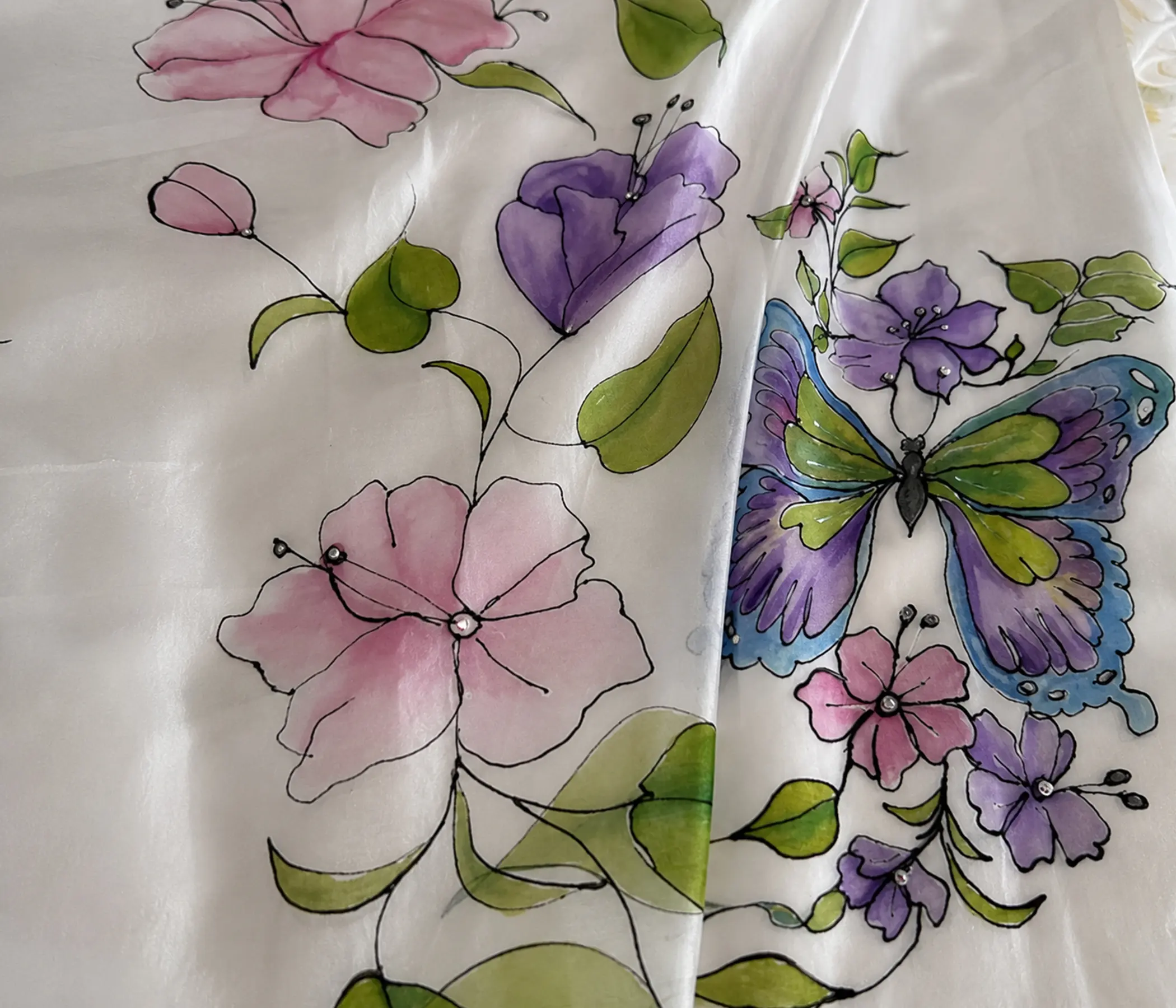 Lavender, Floral hand painted organza dupatta